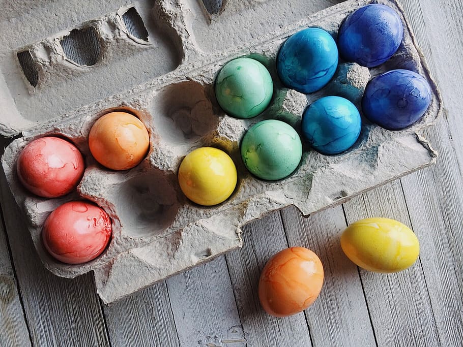assorted-color eggs, tray, eggs, easter, easter eggs, spring, colorful, april, egg, food