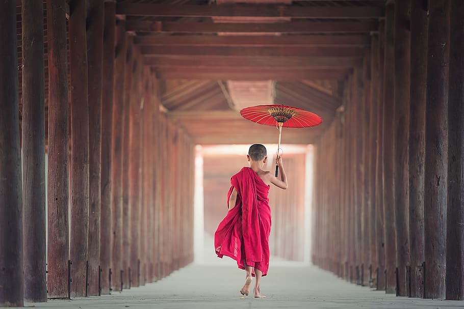 person, pink, dress, holding, red, oil paper umbrella, umbrella, eat, asia, burma