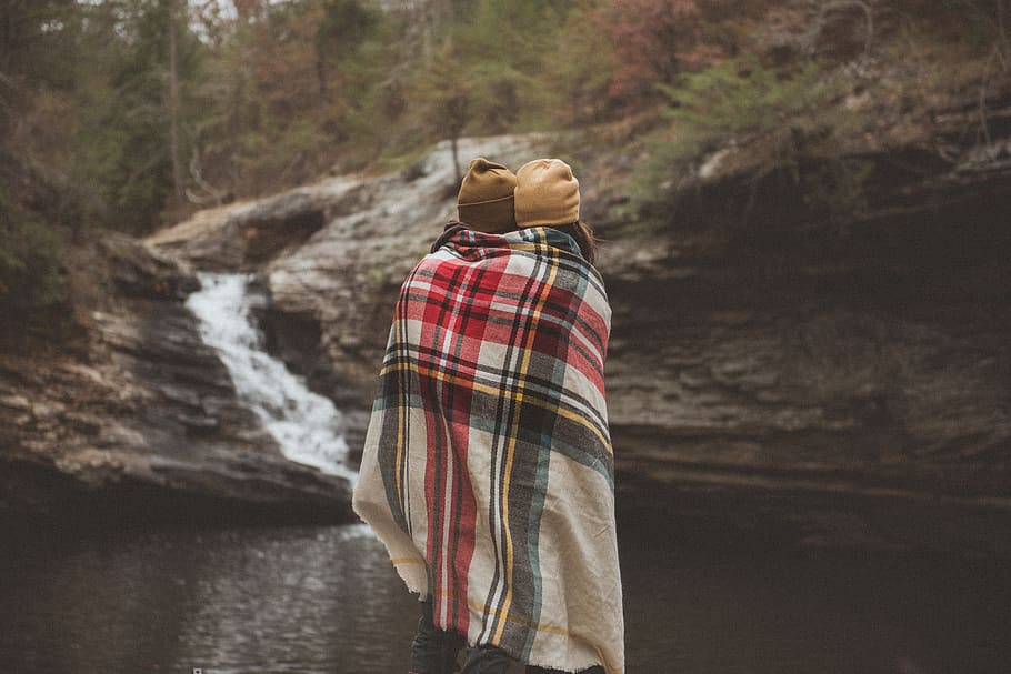 waterfall, water, rock, trees, plant, outdoor, nature, people, couple, shawl