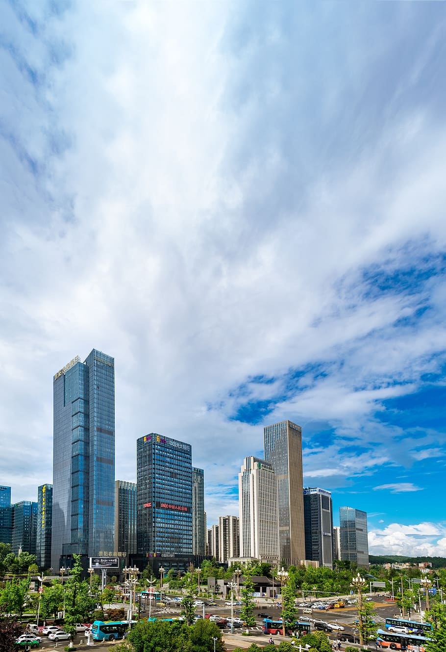 white cloud, stratus, cirrus, building, skyscraper, office, bank, enterprise, china, guizhou