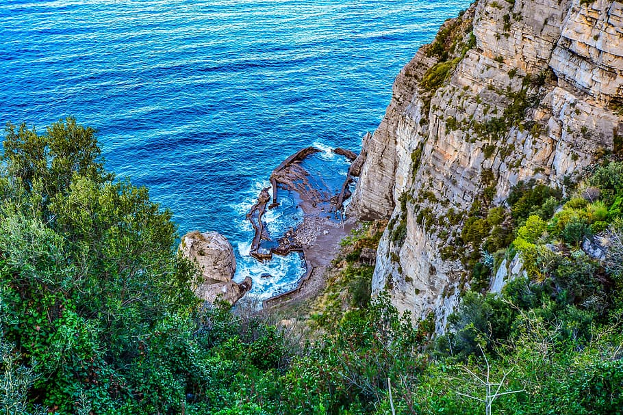 high-angle photography, trees, cliff, body, water, Mediterranean, Sea, Amalfi, Coastline, mediterranean, sea