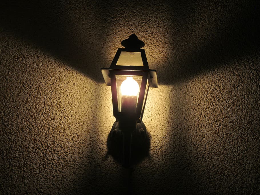 turned-on sconce lamp, lamp, lantern, light, lighting, hell, seem, lights, rays, wall lamp