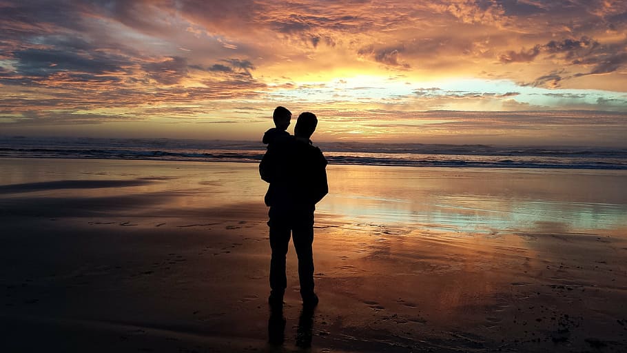 silhouette, man, carrying, baby, seashore, father, son, grandson, child, sunset