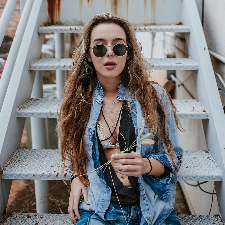 people, woman, fashion, beauty, stairs, denim, one person, glasses, young adult, sunglasses