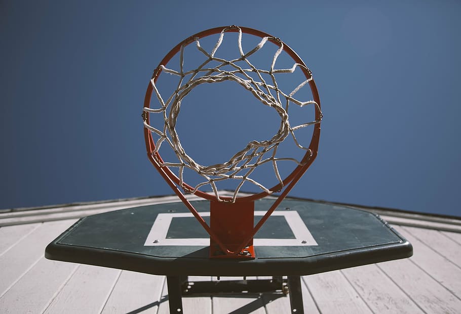 low-angle, black, red, portable, hoop ring, gray, sky, daytime, basket, basketball