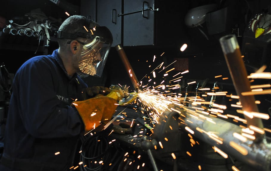 man, using, welding machine, construction, worker, metal, grinder, labor, build, job
