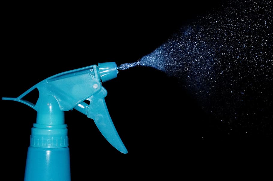 blue, spray bottle, mist, water, spray, cleaner, background, black, squirt, glass