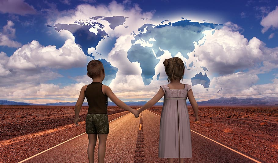 estrada, começo, futuro das crianças, mundo, continentes, globalização, intenção, planta, parada, projeto
