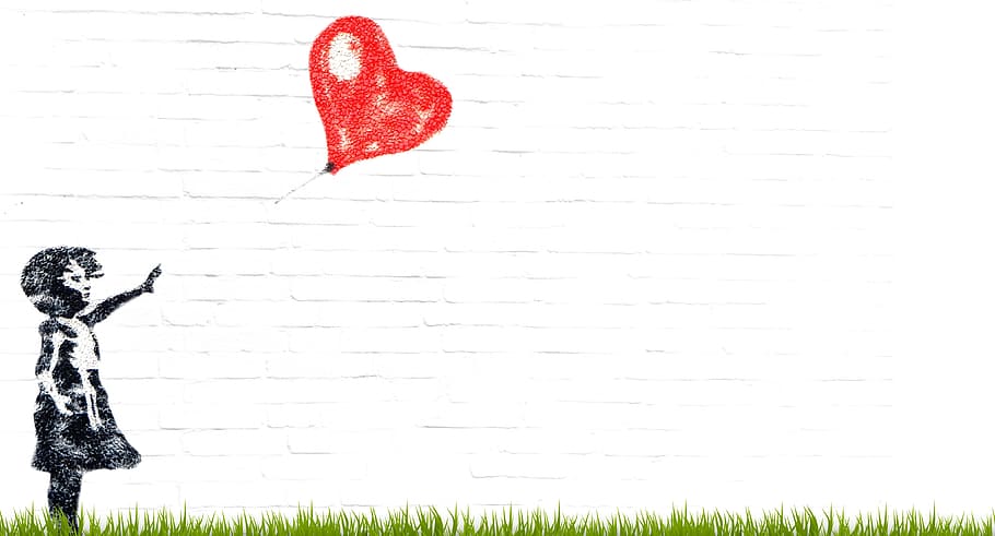 girl, holding, heart balloon artwork, balloon, child, heart, innocent, love, loss, wave