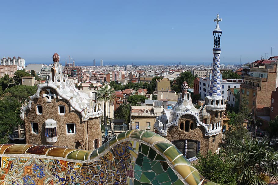 aerial, view, high-rise, buildings, aerial view, high-rise buildings, parc guell, gaudí, barcelona, spain