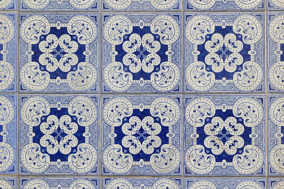 Ceramic, Portugal, Tiles, Wall, Covering, regular, pattern, full frame, blue, backgrounds