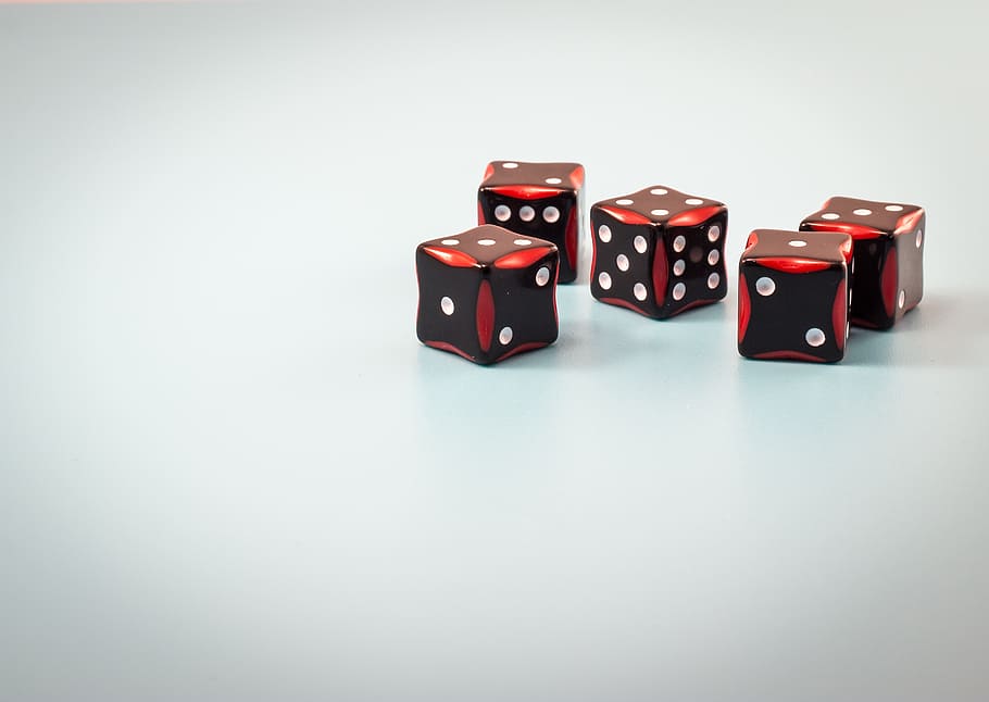 five black-and-red dices, dice, numbers, winning, cube, bet, roll, jackpot, studio shot, indoors