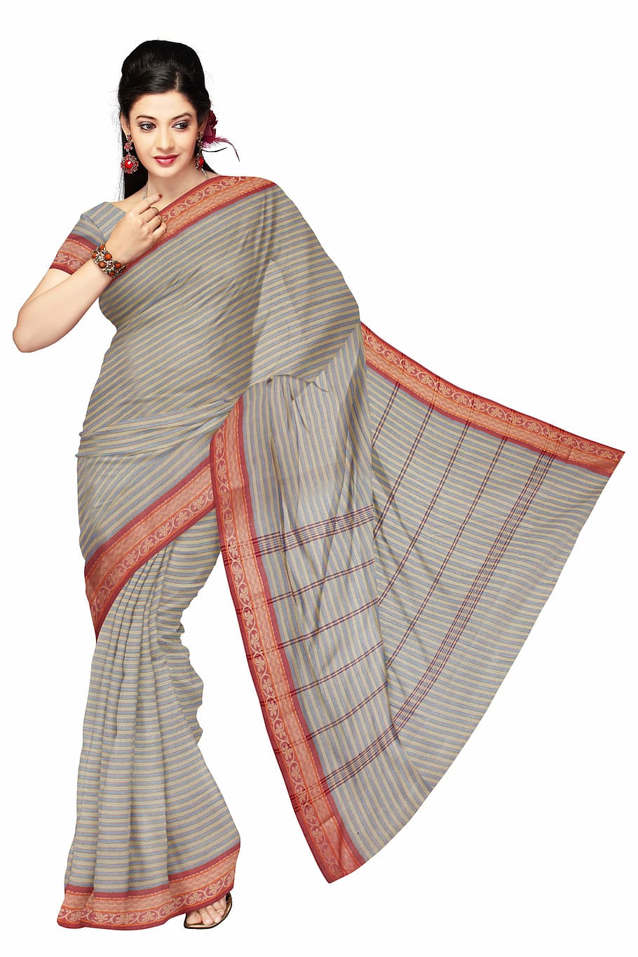 women, gray, red, floral, dress, scarf, sari, indian clothing, fashion, silk
