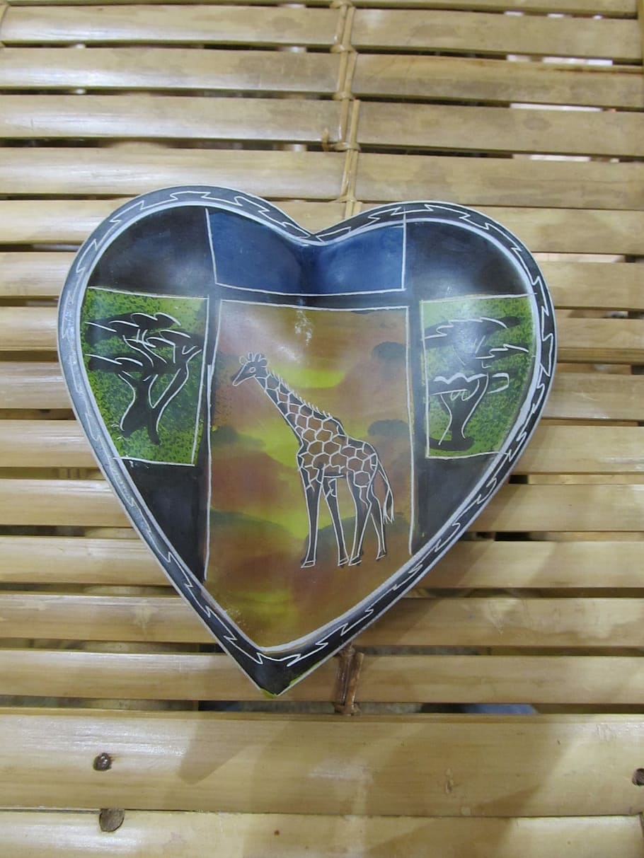 Corazón, piedra, tallado, decorado, África, vida silvestre, jirafa, árboles, san valentín, símbolo