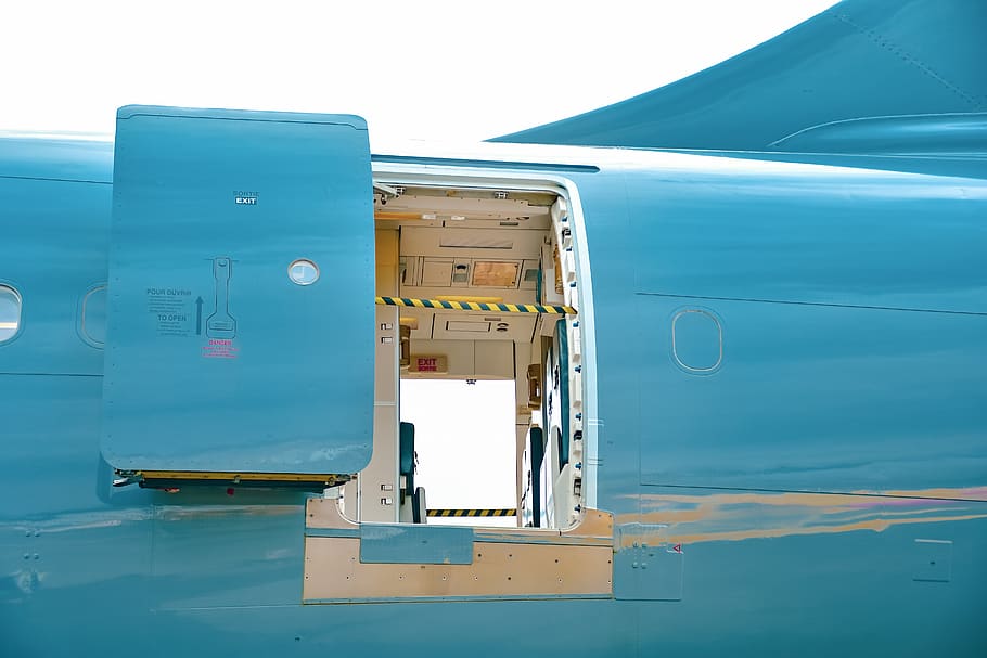 fuselage door, airplane door, open door, aviation, door exit, aircraft, transportation, open, sky, plane