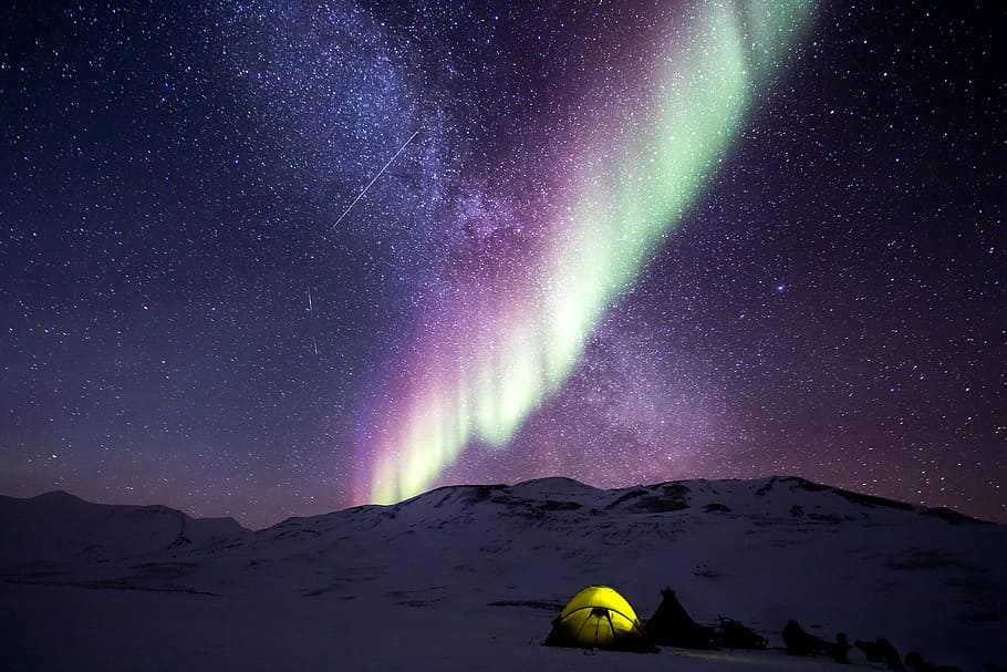 tents, snow, covered, terrain, purple, aurora, night, north pole, nature, polar lights