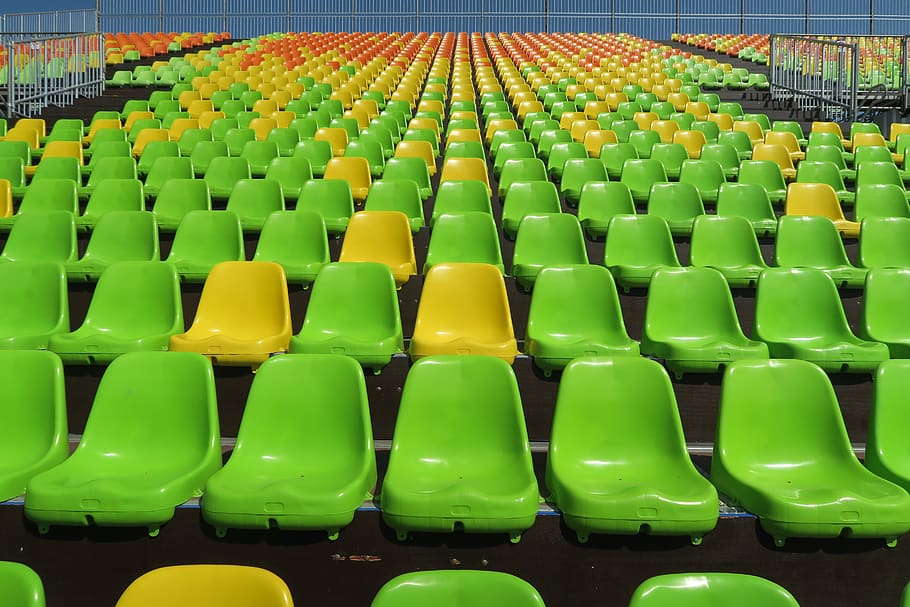 estádio, jogos olímpicos, torcido, arena, futebol, assento, em uma fileira, cadeira, vazio, repetição