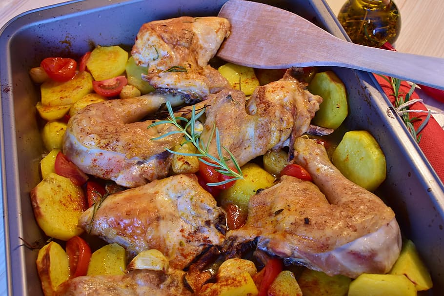 marinated chicken, chicken, fried, oven foods, eat, food, frisch, cook, garlic, tomatoes