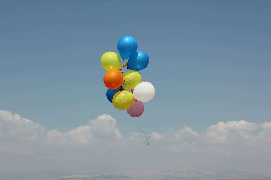 assorted, color, balloons, floating, clouds, sea, sun, ocean, summer, water