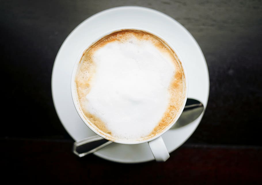 café com leite cappuccino, branco, cerâmica, caneca, café expresso, preto, de madeira, mesa, café, quente