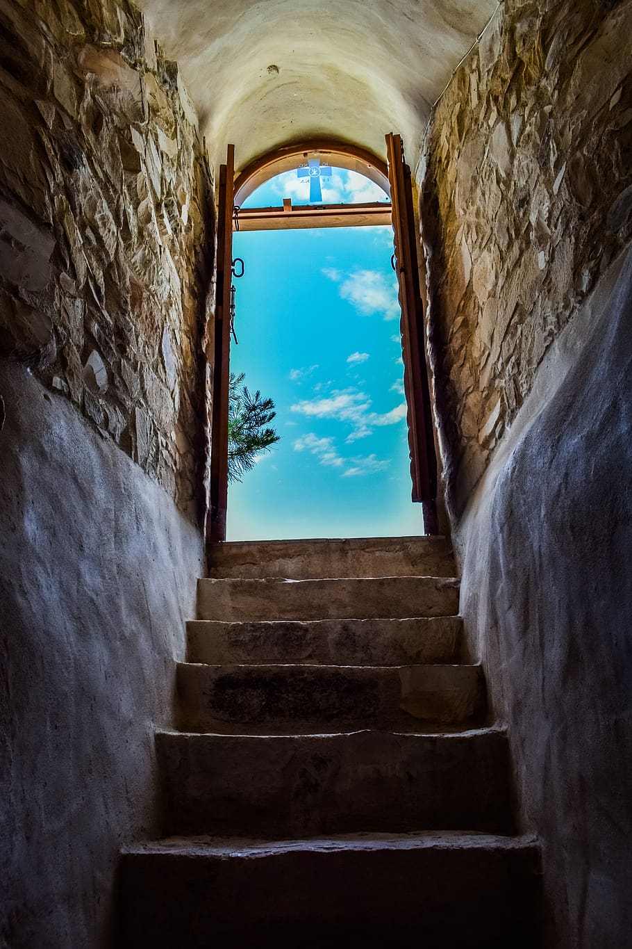 church, stairs, staircase, stairway to heaven, sky, architecture, wall, step, building, religion
