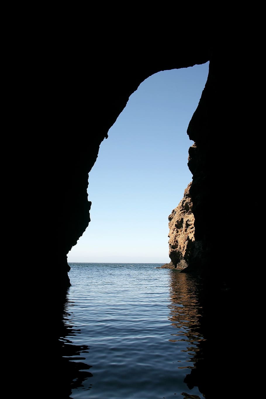 brown, rock formation, body, water, blue, sky, daytime, cave, opening, santa cruz island