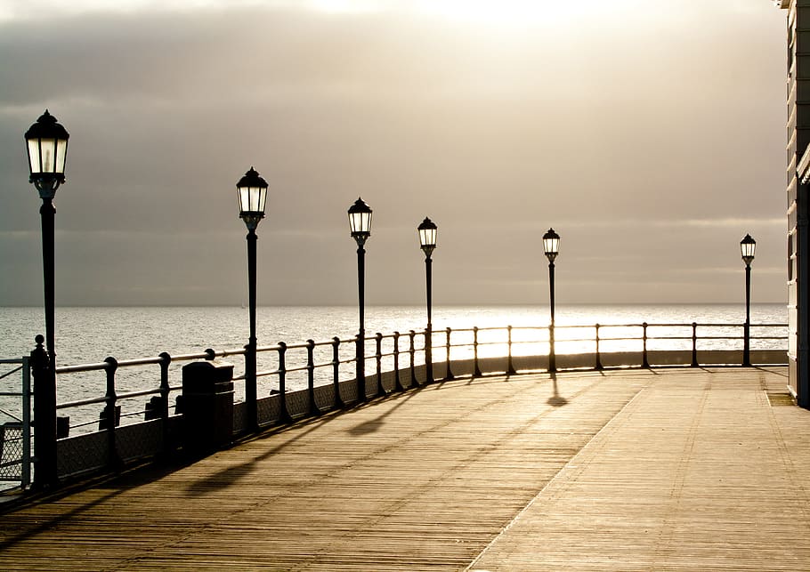 brown, pathway, lamp posts, body, water, pier, seaside, worthing, coast, beach