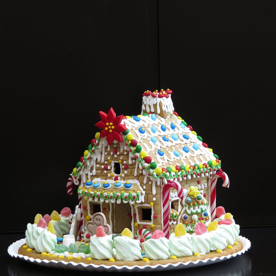 multicolored house cake, white, yellow house, miniature, cake, tops, gingerbread house, christmas pastries, decoration, parties