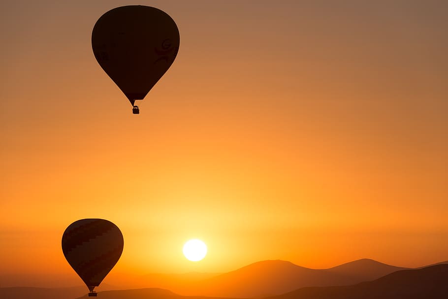 dois, silhueta de balões de ar quente, dourado, hora, balão de ar quente, balão, capadócia, alvorecer, kapadokia, globo aerostático