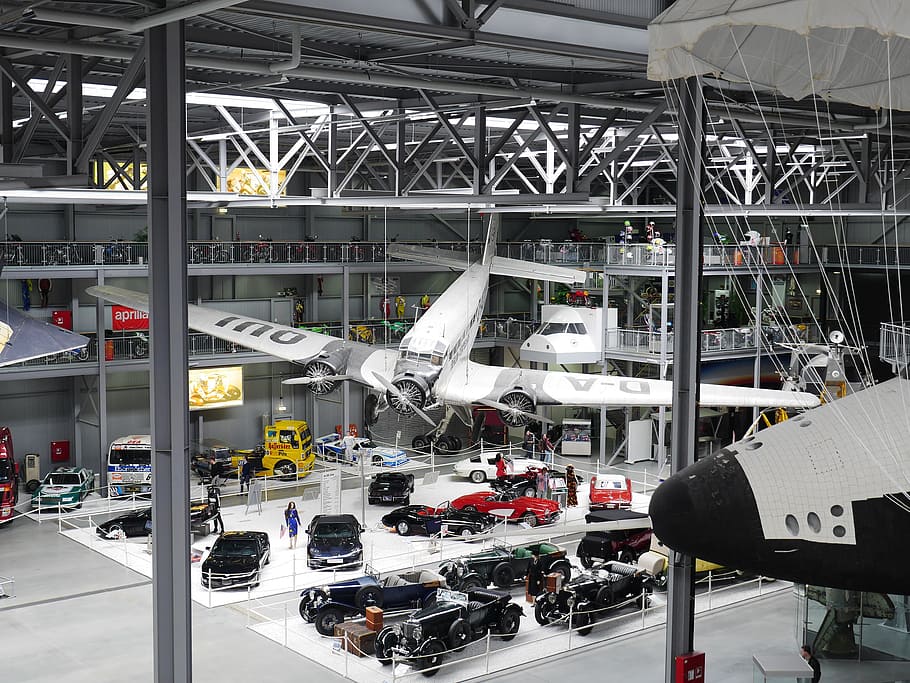 classic, white, gray, plane, cars, inside, building, technology museum, ju 52, three