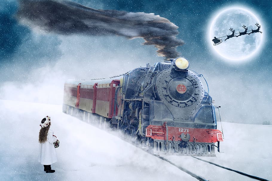 hitam, merah, lukisan kereta uap, motif natal, natal, kedatangan, lokomotif uap, loko, gadis kecil, bulan purnama