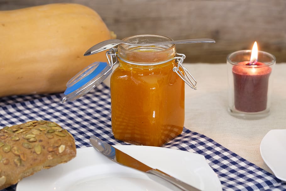 pumpkin jam, jam, spread, glass, pumpkin, jar of jam, jam glass, breakfast, sweet, food