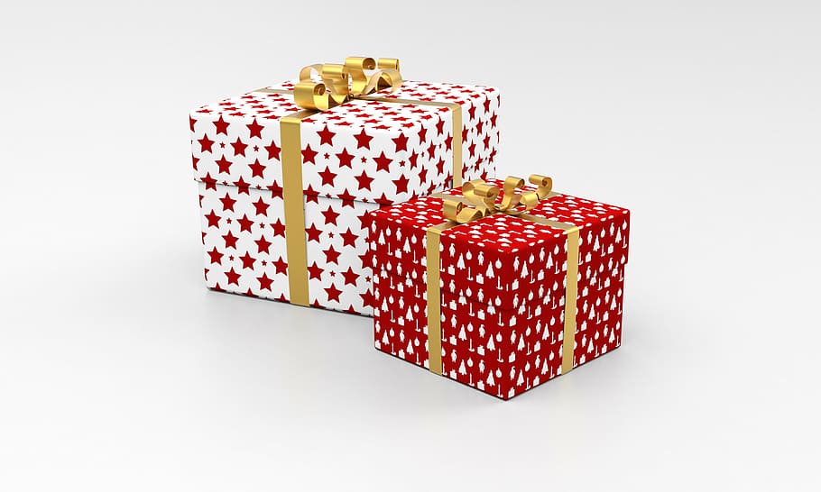 two gift boxes, present, package, gift, celebration, christmas, holiday, box, surprise, xmas