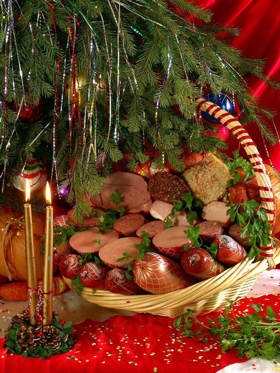 food, christmas, tasty, meat products, christmas tree, new year's eve, candles, sausages, holiday, bright