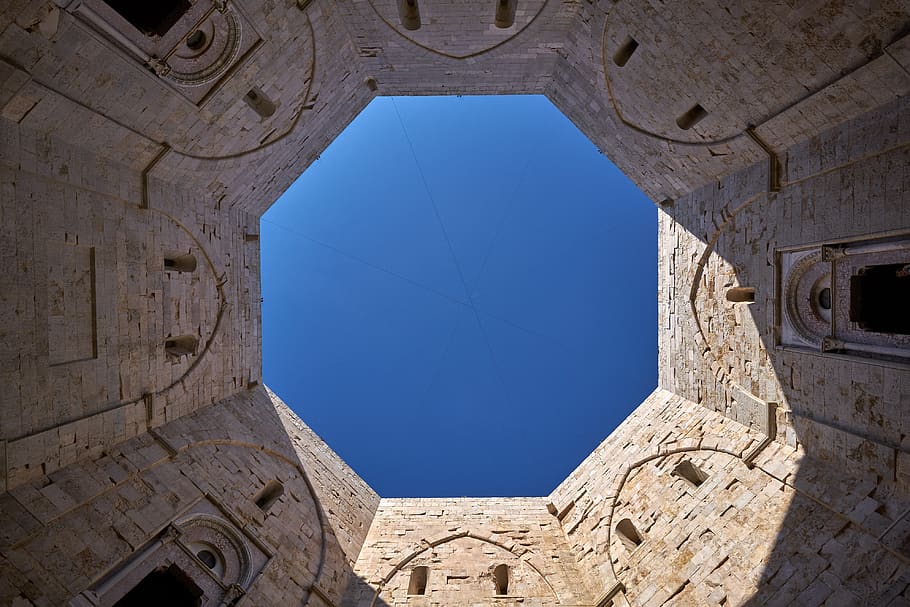 Castel del Monte, Italia, Apulia, castillo, patrimonio mundial, octágono, cielo, patrón, arquitectura, estructura construida