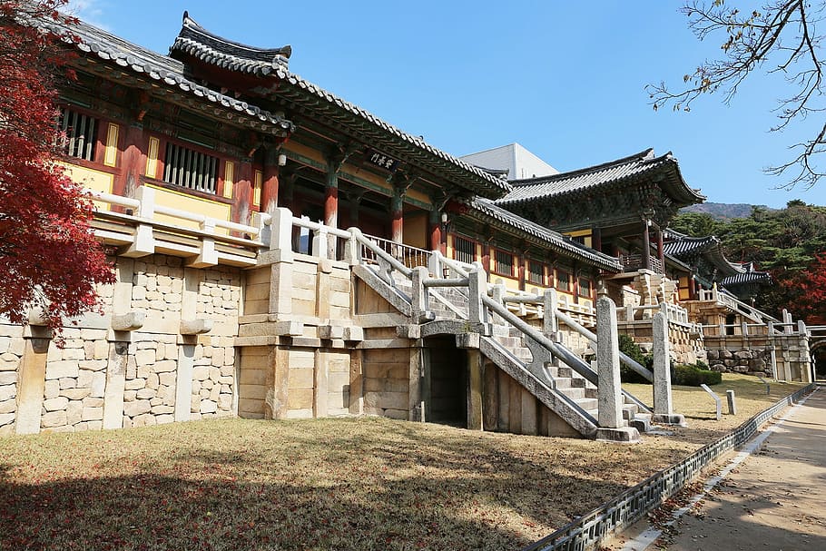 black, red, concrete, structure, the bulguksa temple, racing, republic of korea, religion, buddha, korea