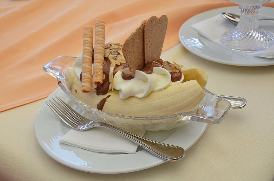 sundae de banana, garfo, gelo, sobremesa, waffle, creme, capa, delicioso, doce, banana