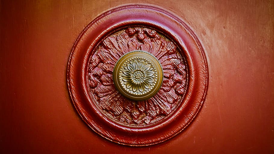 ilustraciones redondas rojas, pomo de la puerta, puerta, entrada, antiguo, manija de la puerta, metal, puerta principal, manija, cerrar