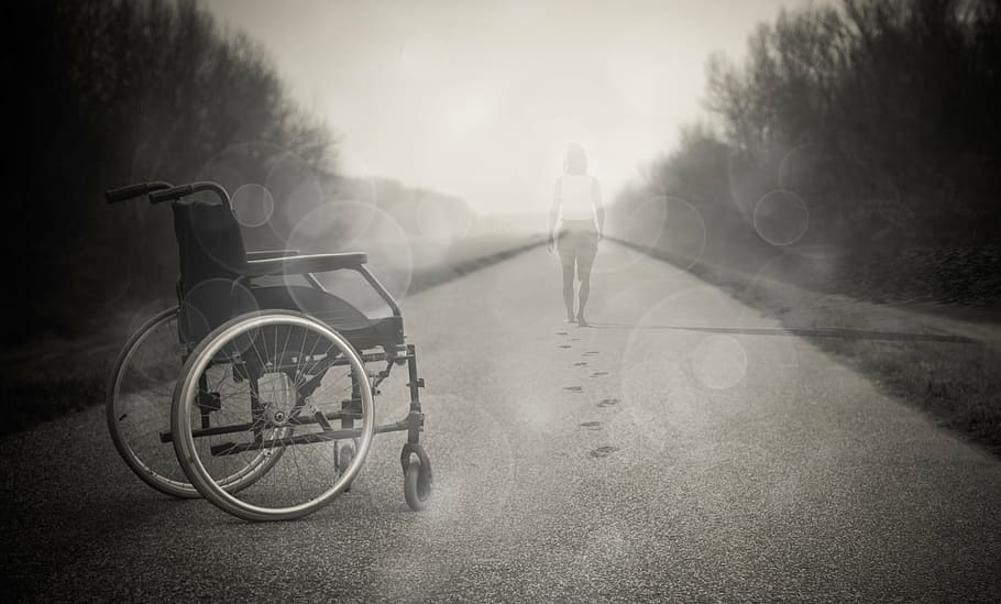grayscale photo, wheelchair, faded, woman, inspiration, love, angel, dom, faith, fog