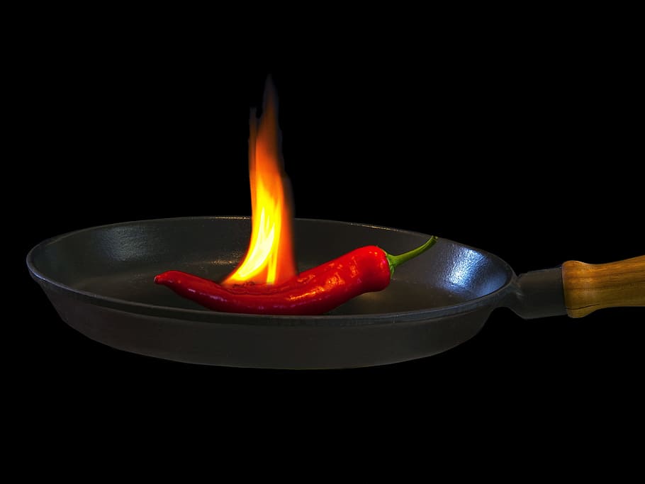 vermelho, pimenta, preto, frigideira, fogo, panela, quente, comida e bebida, comida, fundo preto
