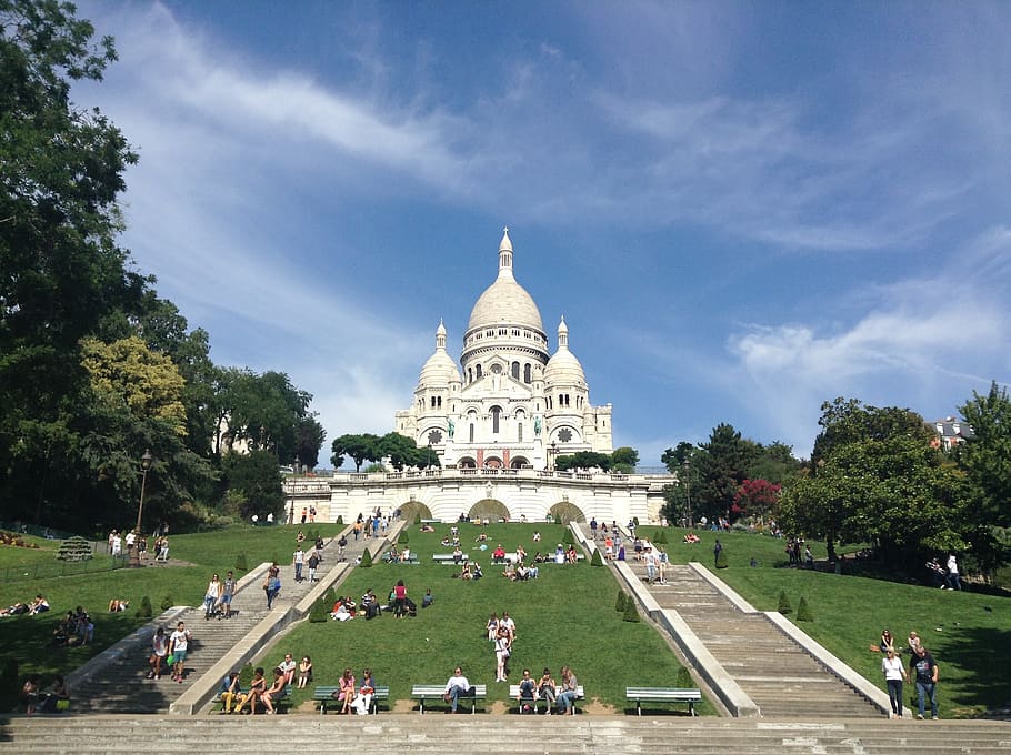 sacre-coeur, church, paris, travel, basilique, group of people, crowd, architecture, large group of people, building exterior