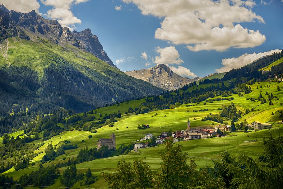 suiza, pueblo, montañas, alpino, paisaje, montaña, panorama, alto, prado, naturaleza