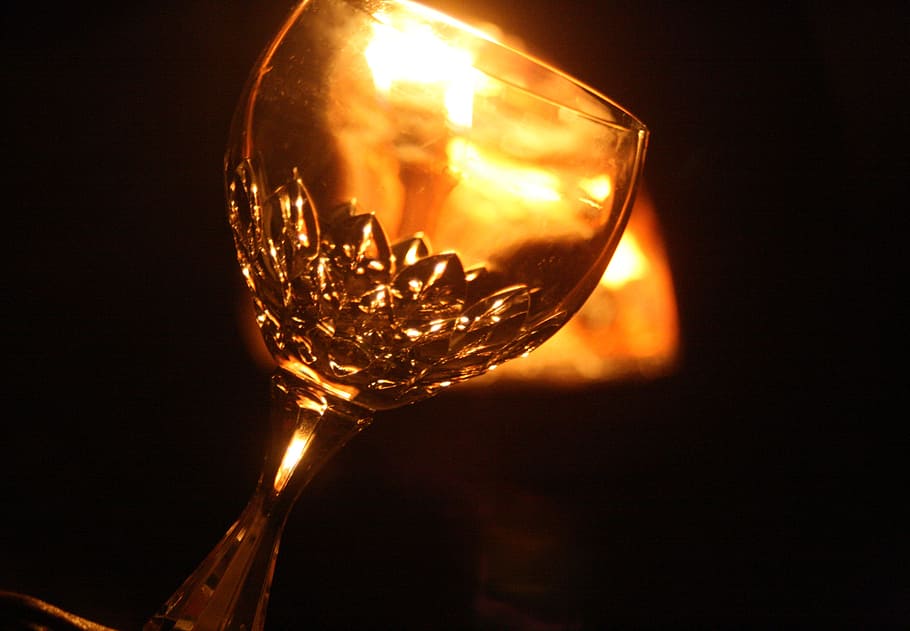 closeup, footed drinking glass, black, background, burn, embers, fire, hot, autumn, cold