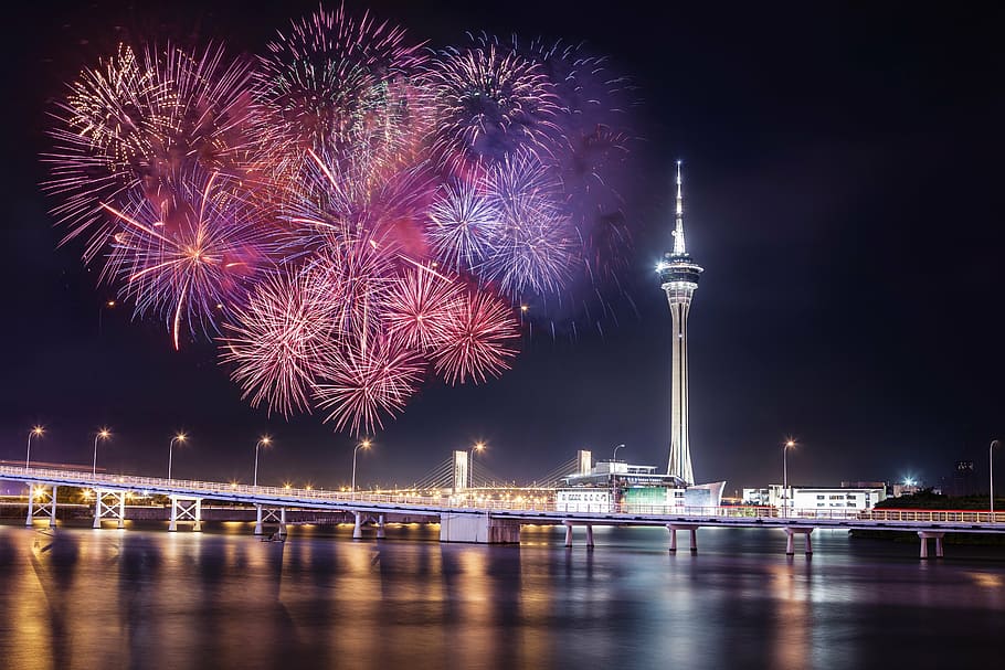 fireworks display, fireworks, macau, tower, night, sightseeing, celebration, firework Display, cityscape, river
