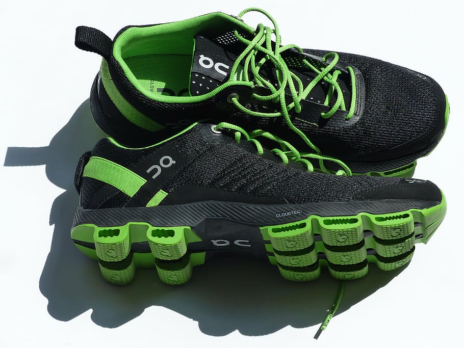 pair, black-and-green, running, shoes, sports shoes, running shoes, sneakers, marathon shoes, green, black