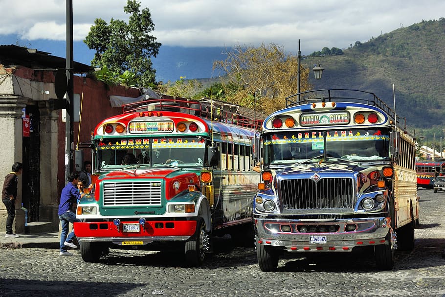 two, jeeps, road way, bus, bus station, car, antigua, guatemela, mode of transportation, transportation