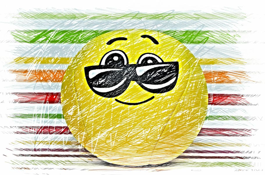 smiley emoticon, sunglasses illustration, smiley, drawing, colorful, funny, illustration, vector, backgrounds, emotion