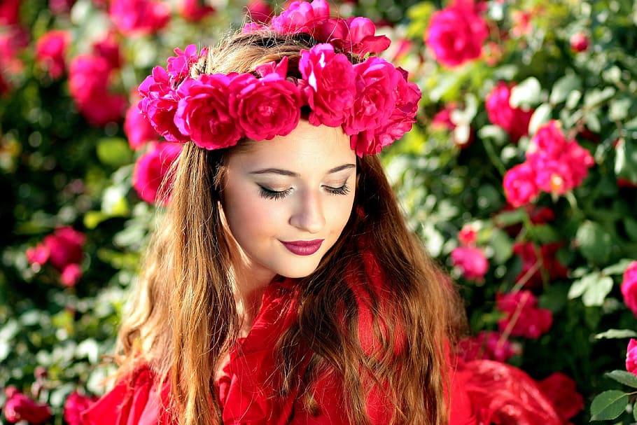 woman, wearing, pink, rose, headdress, red, top, girl, roses, wreath