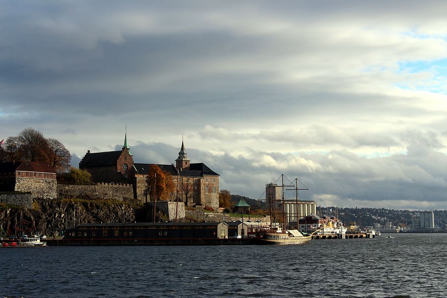 oslo, norway, port, oslofjord, city, clouds, travel, holiday, scandinavia, fortress