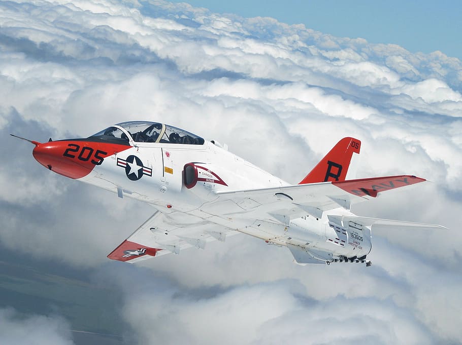red, white, fighter plane, clouds, aircraft, jet, flyer, jet fighter, navy, air force